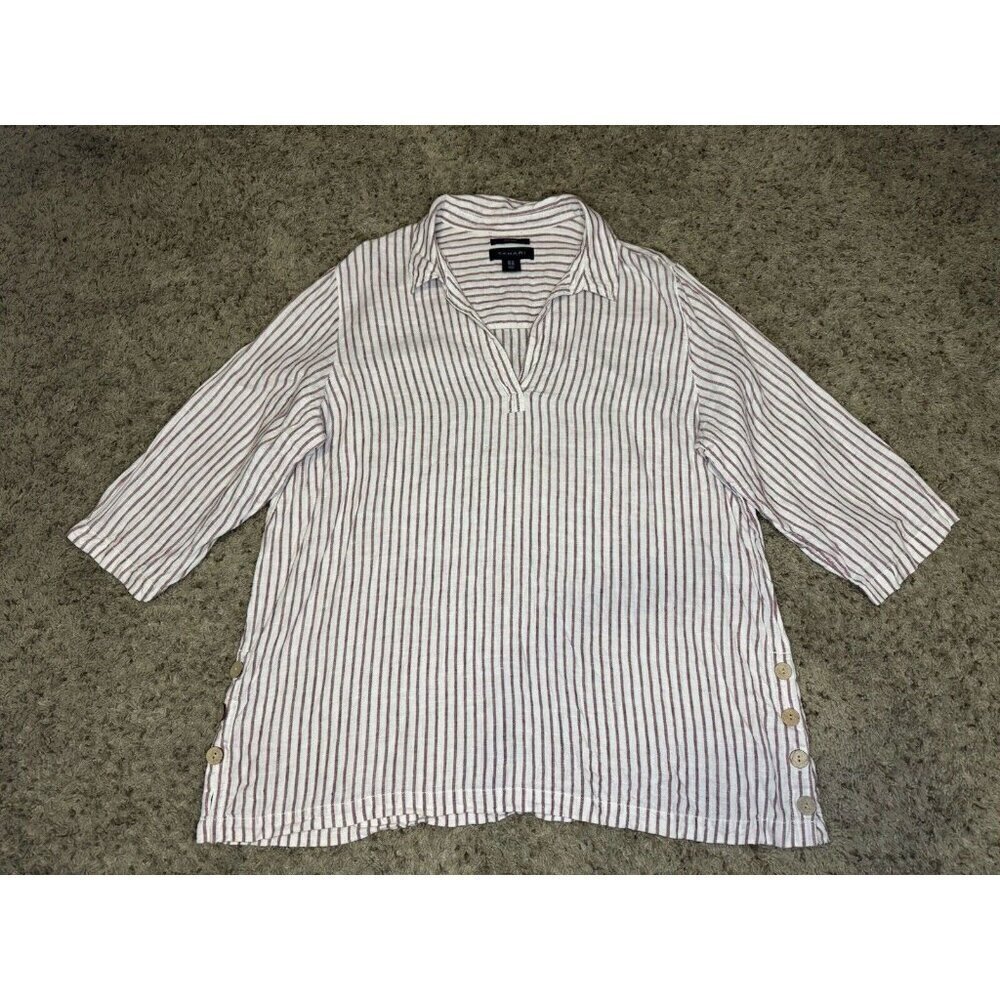 TAHARI Tunic Top Red Stripe Linen Lagenlook Popover Vneck Travel Vacation 1X - Picture 3 of 8